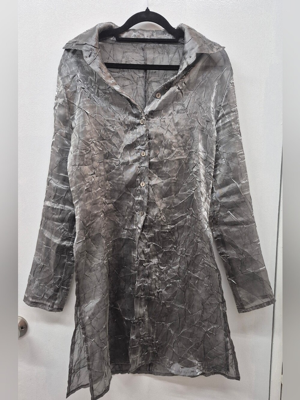 🌼5/$20 Metallic Gray Crinkle Long Trench Coat